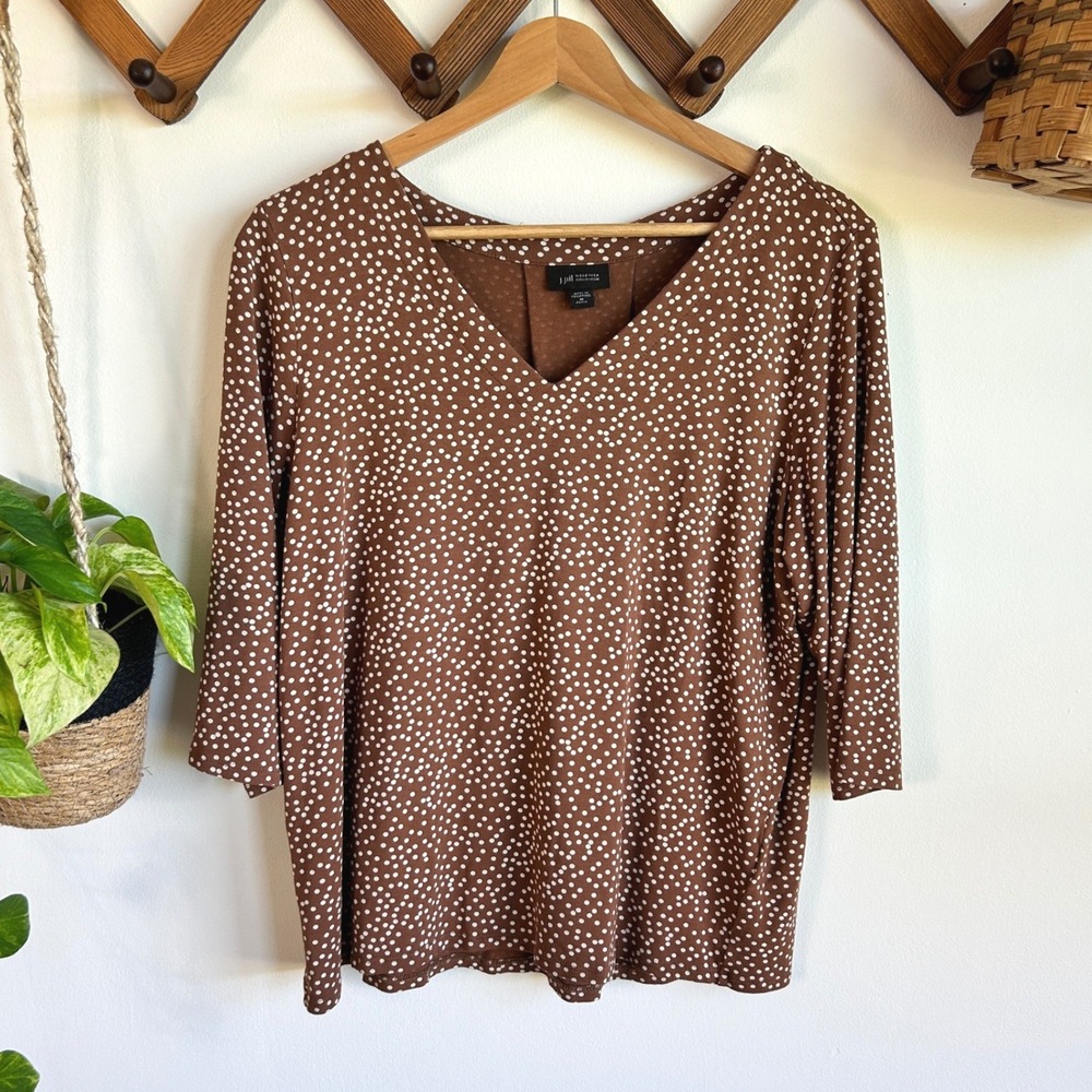 J. Jill Wearever Brown Polka Dot V-Neck 3/4 Sleeve Top Petite Medium